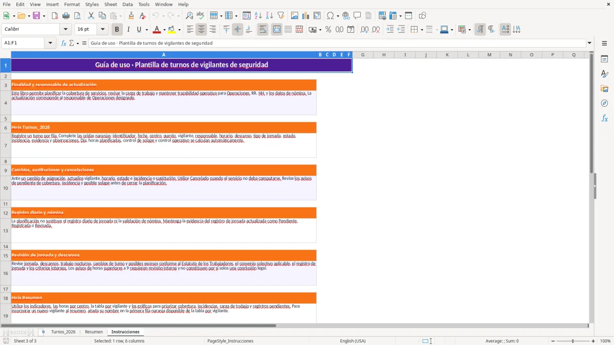 Captura 3: hoja Instrucciones - Plantilla Excel plantilla turnos seguridad vigilantes excel